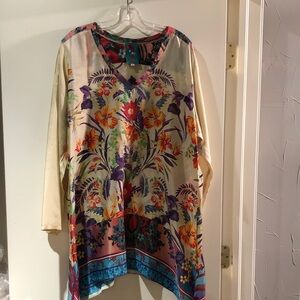 Johnny Was Golden Silk V-Neck Tunic with Multicolor Floral Print size XL
